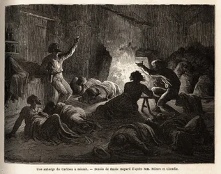 In einem Caribou-Gasthaus (Kanada), um Mitternacht, betrunkene Fallensteller und Bergleute singen, dann fallen sie zu Boden oder schlafen in einer Decke ein. Gravur zur Illustration der Reise vom Atlantik zum Pazifik (Route du nord ouest par les terres), i