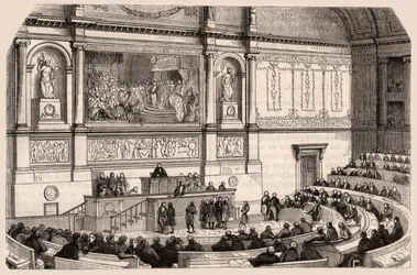 Innenansicht der Nationalversammlung während einer Sitzung der Abgeordnetenkammer, Paris, Frankreich