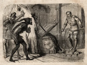 Jacob Van Artevelde (1290-1345) ermordet im Jahr 1345 - Jacques (Jacob) Van Artevelde (1287 - 1345), bekannt als der weise Mann von Gent, fällt unter den Schlag des Bürgers von Gent im Jahr 1345 - Gravur in 