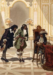 Jean Baptiste (Jean-Baptiste) Colbert (1619-1683) stellt Jean Dominique Cassini (1625-1712), französischer Astronom, vor. Nach „La Ciencia y sus Hombres“ von Louis Figuier. Barcelona 1881