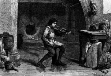 Jean Baptiste Lully als Kind, spielt Geige in der Küche von Mademoiselle de Montpensier. Gravur