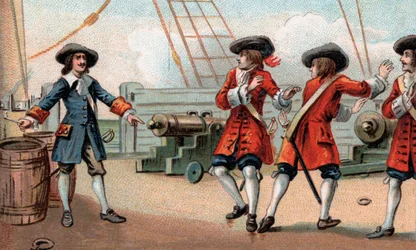 Jean Bart (1650-1702), französischer Marinekommandant und Freibeuter, droht sein Schiff in die Luft zu sprengen - Der Freibeuter Jean Bart (1650-1702) droht einem englischen Freibeuter, der ihn gefangen genommen hat, indem er droht, sein Schiff in die Luft