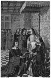 Jean Marot, Dichter (1463-1526), überreicht Königin Anne von Frankreich einen Gedichtband. Gravur aus dem 19. Jahrhundert.
