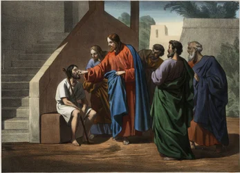 Jesus heilt den blind geborenen Mann. Anonyme Gravur aus der Mitte des 19. Jahrhunderts
