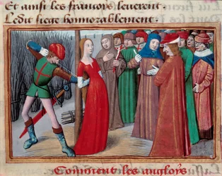 Johanna von Orléans (1412-1431), installiert auf dem Scheiterhaufen. Miniatur aus dem Manuskript „Vigilles du roi Charles VII“ von Martial d