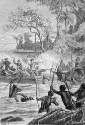 Reise von Carteret zu den Inseln von Santa Cruz: Angriff der Eingeborenen mit Pfeilen