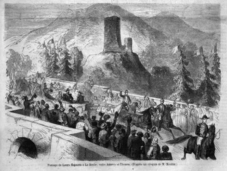 Reise von Kaiser Napoleon III (1808-1873) und seiner Frau Eugénie de Montijo (1826-1920) nach Savoyen: hier der Durchgang zum Felsen zwischen Annecy und Thonon nach der Annexion der Grafschaft Savoyen (März Turiner Vertrag). Gravur aus „Le Monde Illustré“.