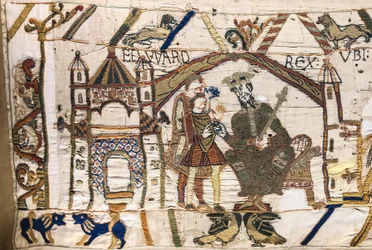 König Eduard der Bekenner sendet Harold in die Normandie, Teppich von Bayeux