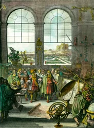 König Ludwig XIV. besucht die Baustelle, im Hintergrund das noch im Bau befindliche Pariser Observatorium