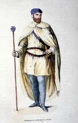 Ritter des Templerordens in Kriegskleidung. Gravur des 19. Jahrhunderts