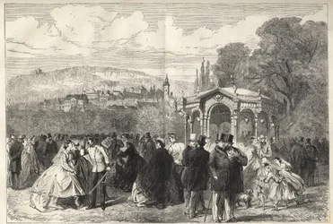 Konversationshaus - Baden-Baden, Deutschland - Der Spaziergang vor dem Konversationshaus - Gesamtansicht von Baden-Baden aus den Gärten des Konversationshauses - 1867