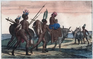 Korah-Hottentotten vom Kap auf dem Weg - Stich aus „Usi e Costumi di Tutti i Popoli dell