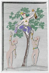 Krishna stiehlt die Kleider von zwei Gopis. L. M. Langlès: „Ancient and Modern Monuments of Hindustan“ Paris