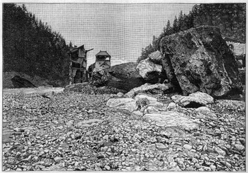 Die Katastrophe von Saint-Gervais (Saint Gervais) oder die Katastrophe des Gletschers Tete Rousse (Département Haute-Savoie) (12.-13. Juli 1892) - Bäder von Saint-Gervais nach der Katastrophe mit den riesigen Blöcken, die vom Bach transportiert wurden, Gra