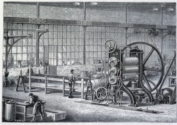 Großes Walzwerk zur Reduzierung von Blöcken aus gereinigtem Gummi zu Platten - in „Die Wunder der Industrie“ von Louis Figuier