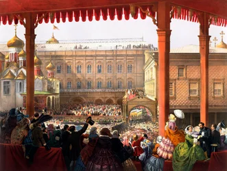 Die Krönung des Kaisers Alexander II. (1818-1881) am 18/02/1855. Blick auf die Menschenmenge - anonyme Lithografie