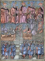 Le prévôt des marchands et les échevins de Paris au 16ème siècle, Kupferstich nach dem Original von 1528 - Provost der Kaufleute und Schöffen von Paris, Szene der Steuererhebung, Titelseite aus 
