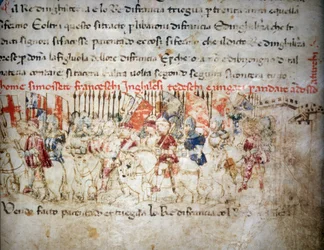 Bündnis der Franzosen, Engländer, Deutschen und Ungarn gegen die Türken im Jahr 1391 - in den „Croniche del Sercambi“, um 1400. Nationalarchiv, Lucca.