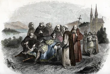 Legende der Enervierten von Jumièges: Die beiden Söhne des Merowingerkönigs Clovis II, bestraft für den Aufstand gegen ihren Vater, werden von den Mönchen der Abtei von Jumièges, in der Nähe von Rouen, aufgenommen