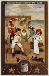 Leibig-Karte zeigt französische Kinder am Strand, 1890