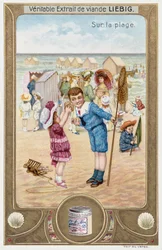 Leibig-Karte, die französische Kinder am Strand zeigt, 1890