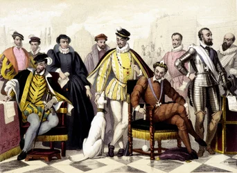 Les Valois - Von 1547 bis 1589. Heinrich II., Katharina von Medici (Caterina de Medici), Karl IX., Heinrich III., Heinrich IV. Gravur des 19. Jahrhunderts.