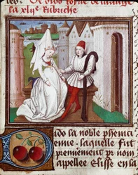 Die Liebschaften von Dido, Gründerin von Karthago, und Aeneas. Miniatur aus „Das Buch der berühmten und edlen Frauen“ von Giovanni Boccaccio, genannt Jean Boccace (1313-1375)
