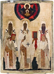Russische Ikone: Die drei heiligen Bischöfe von Rostow: Isaia, Leontius und Ignatius