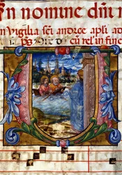 Initiale eines Chorbuchs aus dem 15. Jahrhundert. Christi Erscheinung nach seiner Auferstehung vor den ungläubigen Aposteln am See Genezareth. Biblioteca Nazionale Braidense, Mailand.