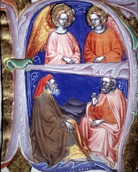 Lettrine, die Engel und Philosophen darstellt, die diskutieren - in „De civitate dei“ von St. Augustinus. Manuskript aus dem 14. Jahrhundert. Stadtbibliothek von Rimini