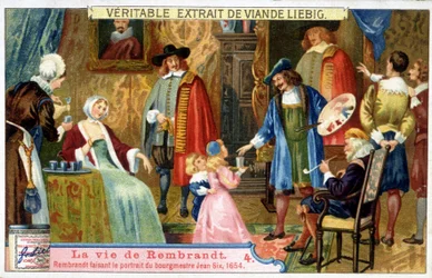 Liebig Chromolithographie über das Leben von Rembrandt (1606 - 1669), niederländischer Maler, hier porträtiert er Bürgermeister Jean Six im Jahr 1654.