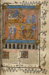 Das Leben von Julius Caesar: vier Miniaturen, die seine Geburt, Scheidung, Pontifikat und Kampf mit Pompeius zeigen; Text mit verzierten Initialen und Rand mit Vögeln und Grotesken