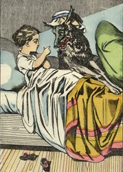 Rotkäppchen fragt den Wolf: „Großmutter, was hast du für große Zähne.“ Illustration des Märchens „Rotkäppchen“ von Charles Perrault