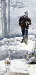 Einsamer Jäger mit Hund in einer verschneiten Landschaft, spätes 19. Jahrhundert
