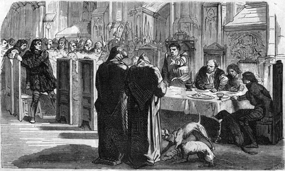Louis de la Trémoille und seine Gefangenen nach der Schlacht von Saint-Aubin-du-Cormier (1488). Gravur aus dem 19. Jahrhundert.