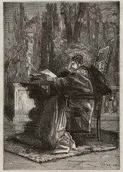 Lucrezia Borgia (1480-1519) übergibt sterbend ihre Hand an Leo X. (Leone 10) (1475-1521) - Gravur aus „Lucrezia Borgia“ von Oscar Pio - 1883