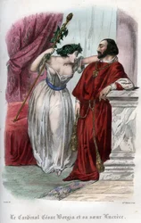 Lucrezia Borgia (1480-1519) mit ihrem Bruder Cesare Borgia. Gravur von 1842 in „Histoire des papes: crimes, murders, poisonings, parricides, adulteres, incest...“ von Maurice Lachatre. Private Sammlung