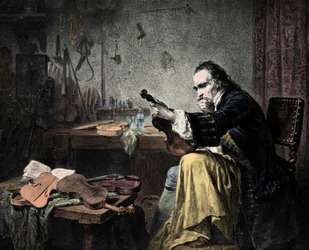 Luthier Stradivarius (Antonio Stradivari) (1644-1737) in seiner Werkstatt. Gravur von Hammann