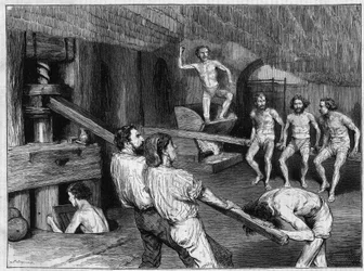 Nudelfabrik in Neapel: Verwendung einer Schraubenmühle zur Herstellung des Teigs, der dann mit den Füßen geknetet wird. Gravur in „Das Illustrierte Universum“