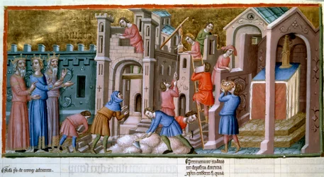 Maurer, Steinmetze und Arbeiter auf der Baustelle einer Stadt. Miniatur aus dem Psalter von Canterbury aus dem 14. Jahrhundert. B.N., Paris
