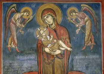 Madonna mit Kind zwischen Erzengeln, Fresko (1192), Panayia Tou Araka Kirche (Kirche Unserer Lieben Frau von Erbsen) (Unesco-Welterbeliste, 2001), Lagoudhera, Troodos-Gebirge, Zypern