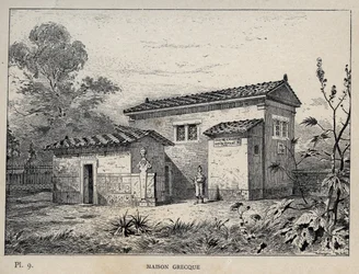 Griechisches Haus - Gravur von 1889 in „Geschichte der menschlichen Behausung auf der Weltausstellung von 1889, von Herrn Charles Garnier - Zentralbibliothek der Schönen Künste Paris 1889