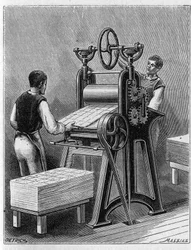 Herstellung von Spielkarten nach alten Methoden. Zylinder von Spielkarten. Gravur von 1893.