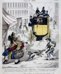 Mann verpasst den Omnibus. Karikatur um 1840