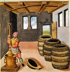 Herstellung von Schwarzpulver - in „Manuale di pirotechnia, armeria e fortificazioni“ des 16. Jahrhunderts.
