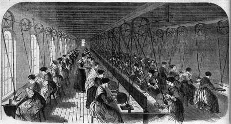 Herstellung von zementierten Federn: Arbeiter in einer Druckwerkstatt in einer Fabrik in Birmingham - Gravur in „Le Journal Illustré“