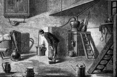 Herstellung von Kirsch: Destillation, Schloss Isenberg im Elsass. Gravur in „Le Journal de la jeunesse“