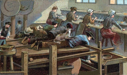 Messerherstellung: Gießerei. Chromolithografie des späten 19. Jahrhunderts