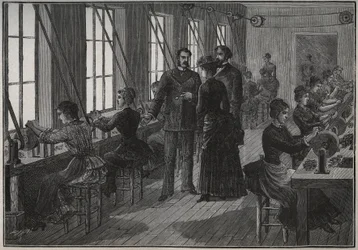 Herstellung von Metallfedern: Schärfwerkstatt in Frankreich im 19. Jahrhundert. Gravur von 1885 in „Les arts et metiers illustres“ von Adolphe BITARD