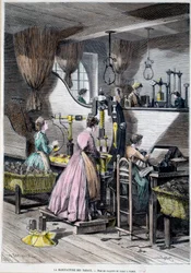 Herstellung von Tabak, Verpackung von Tabak zum Rauchen. Lithographie von 1867 Paris, Musee Carnavalet